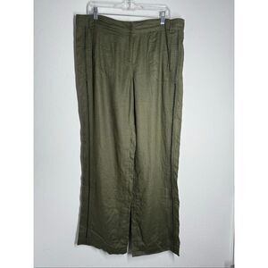 Basler Women’s Wide Leg Linen Pants Cutwork Detail Along The Leg Olive Sz L*Note